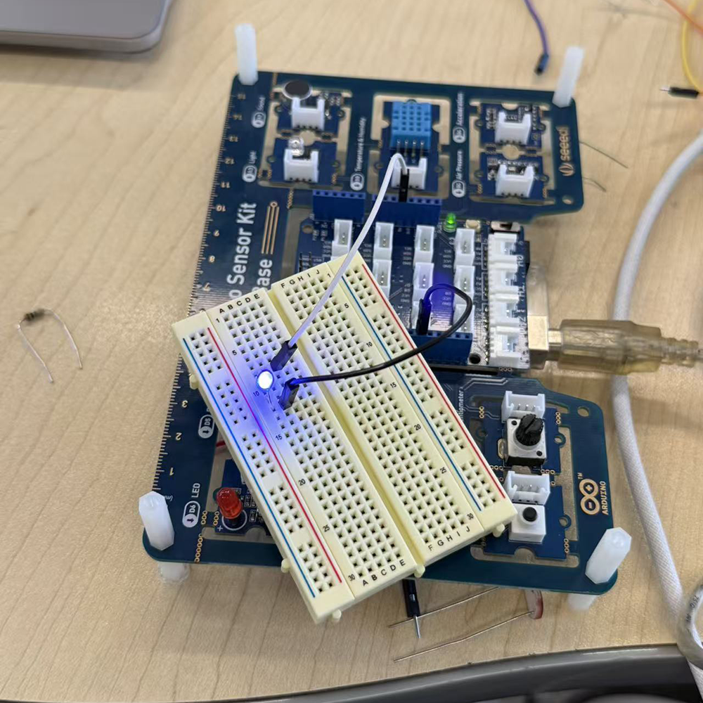 We've tested that the LED works successfully through Arduino UNO, it lights up when we put the LED onto the breadboard with wires plugged on the Arduino.